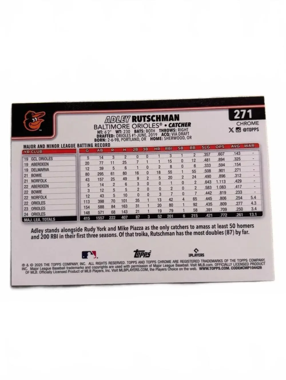 Adley Rutschman Baltimore Orioles Baseball Card 2023 Topps